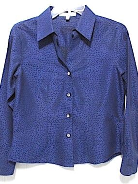 Foxcroft Non-Iron Blue Patterned Fitted Cotton Blouse, Size 4P